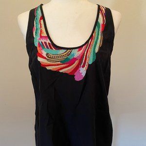Chelsea Flower Silk Black Tank with Colorful Neckline, Size M